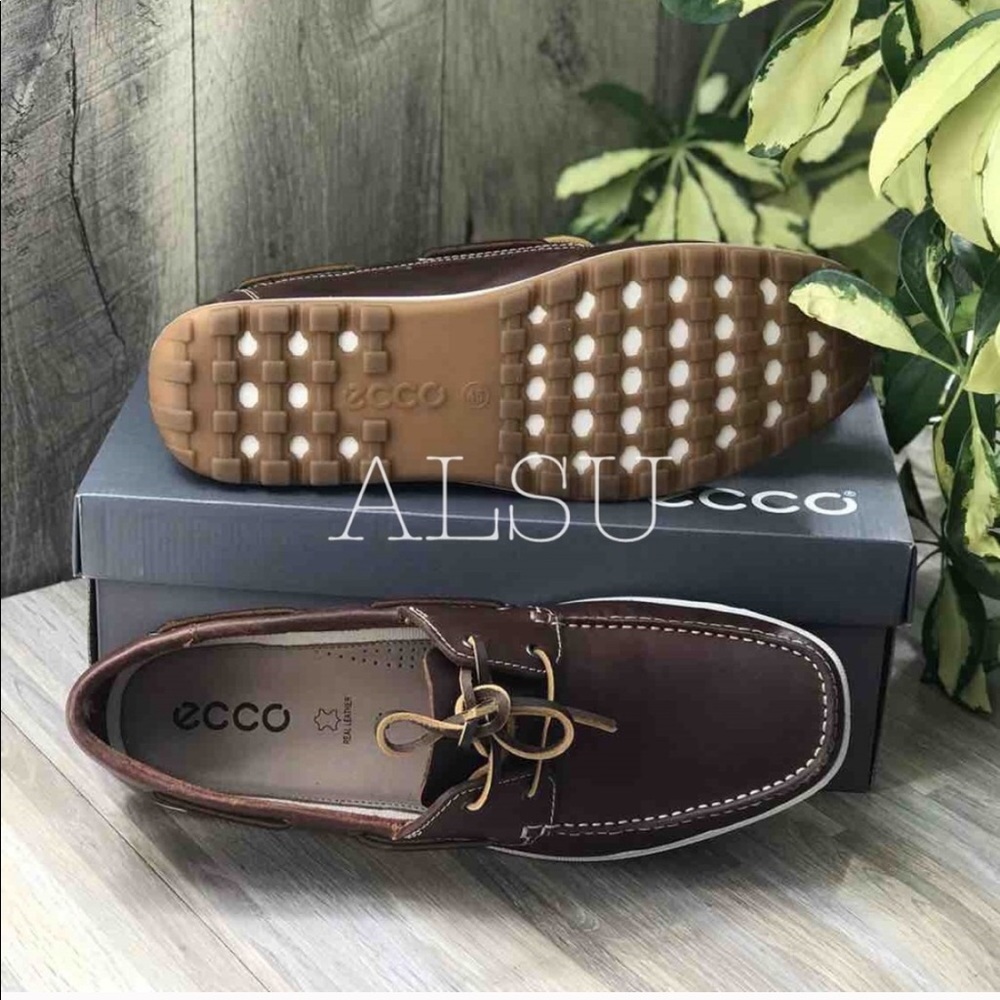 ECCO Dip Moc Boat Cognac Leather Brown AUTHENTIC - Picture 4 of 8